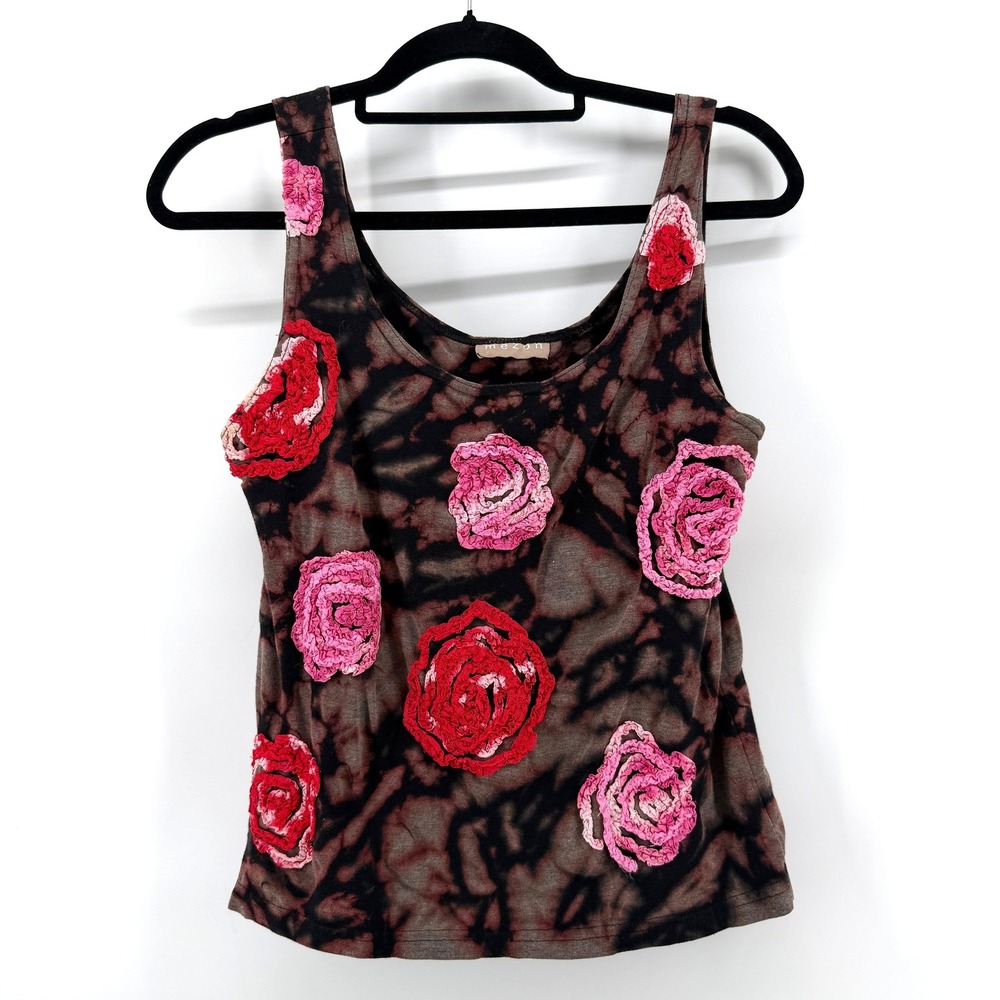 Mezon Tank Top 3D Crochet Floral Applique M‎ Brown Pink Womens Fairycore Grunge